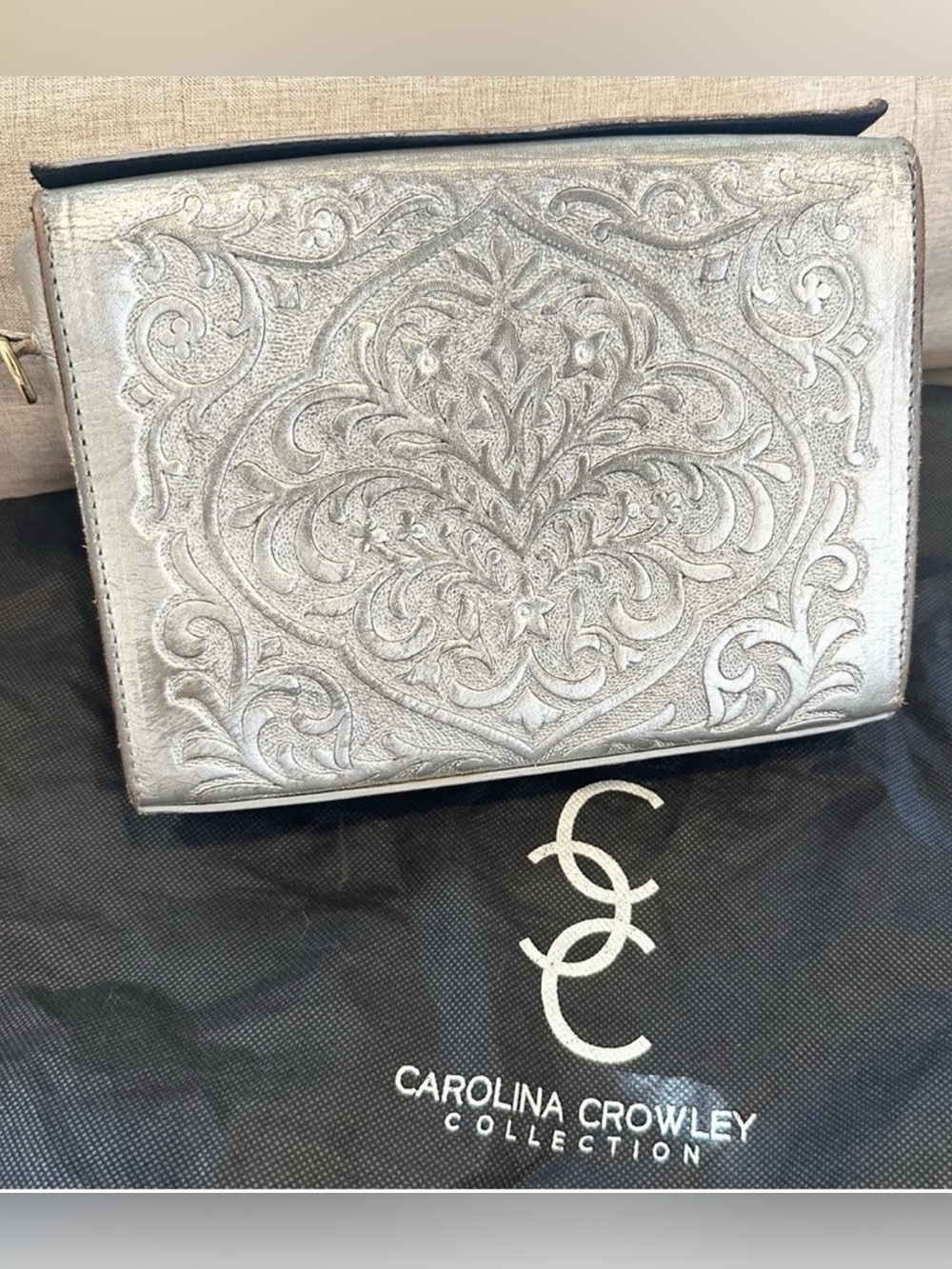 Carolina Crowley Chiseled Tooled Leather Silver Clutch Purse